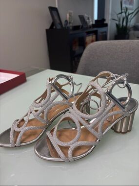 Salvatore Feregamo Silver Glitter Strappy Women’s Sandals made in Italy